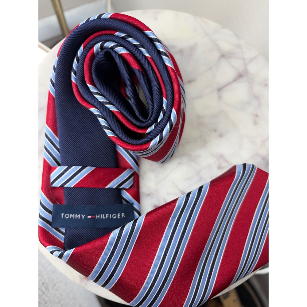 Tommy Hilfiger Mens Red Navy Blue White Striped 100% Silk Necktie Tie